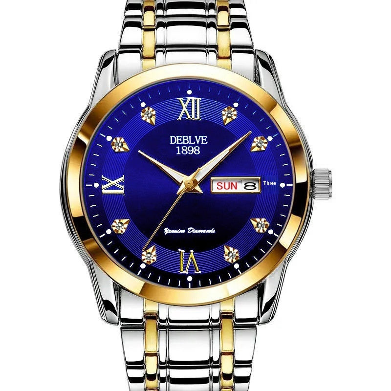 Fashion Alloy Steel Belt Waterproof Luminous Men's Dual Calendar Watch