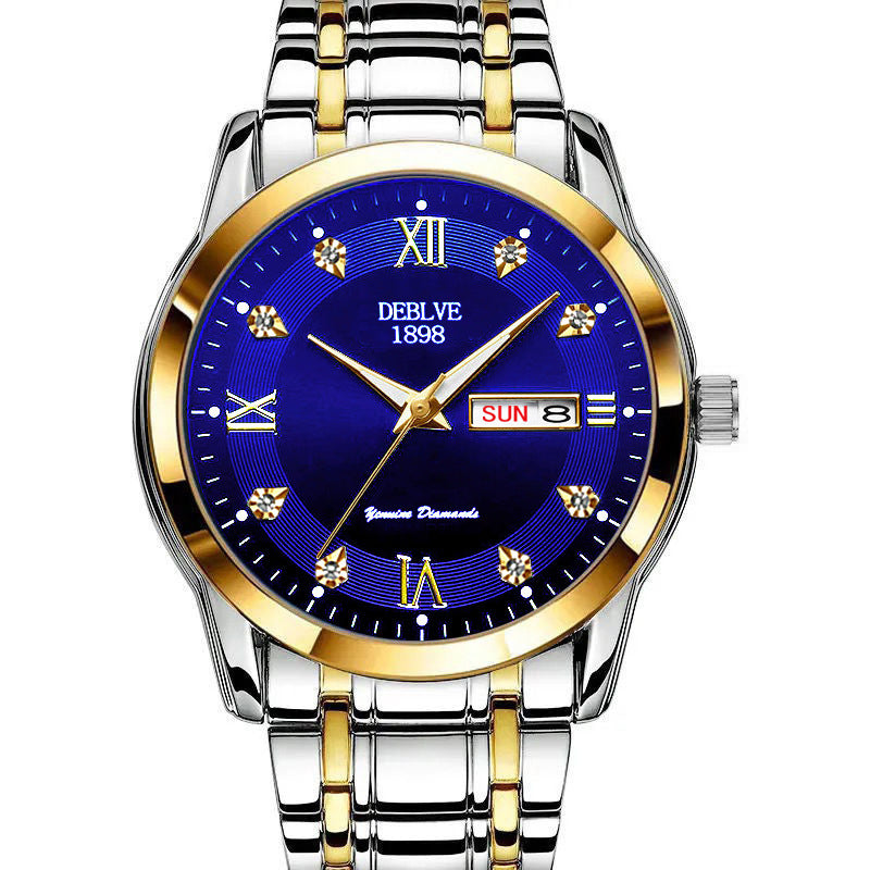 Fashion Alloy Steel Belt Waterproof Luminous Men's Dual Calendar Watch